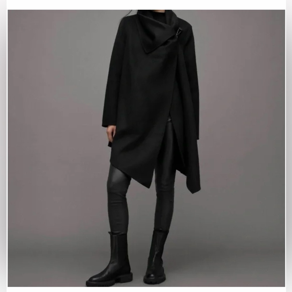 All Saints City Monument Black Asymmetrical Wool Coat